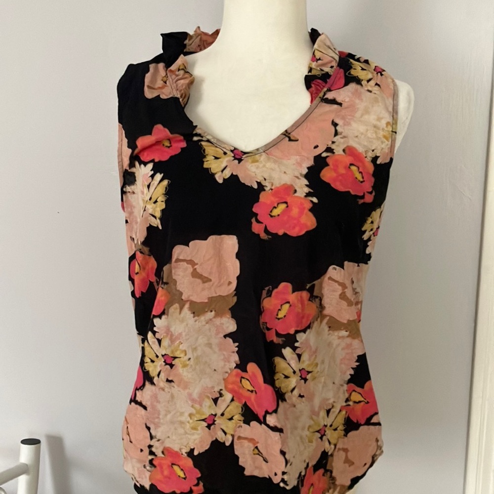 J Crew pop floral sleeveless ruffle neckline vintage Y2K blouse top 8